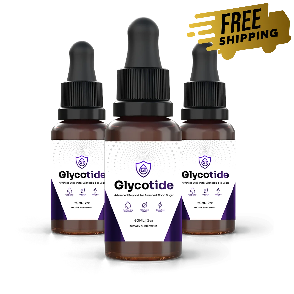 Three bottles of Glycotide blood sugar support drops with a satisfaction guarantee seal