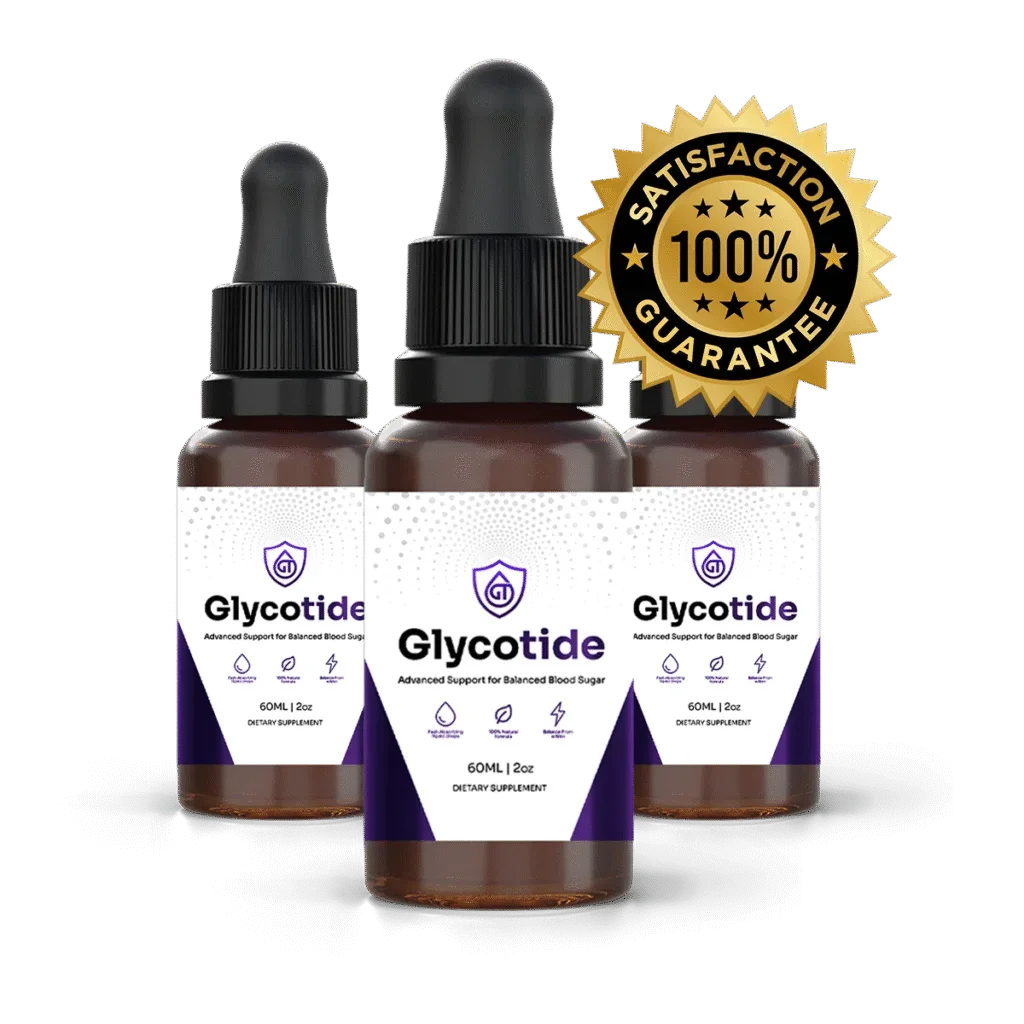 Glycotide blood sugar support drops, three 60ml dropper bottles with a satisfaction guarantee seal