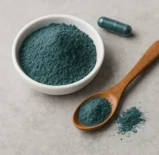 Chromium picolinate mineral powder in a bowl with a wooden spoon