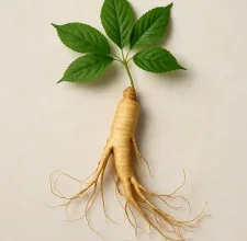Fresh Panax ginseng root with green leaves